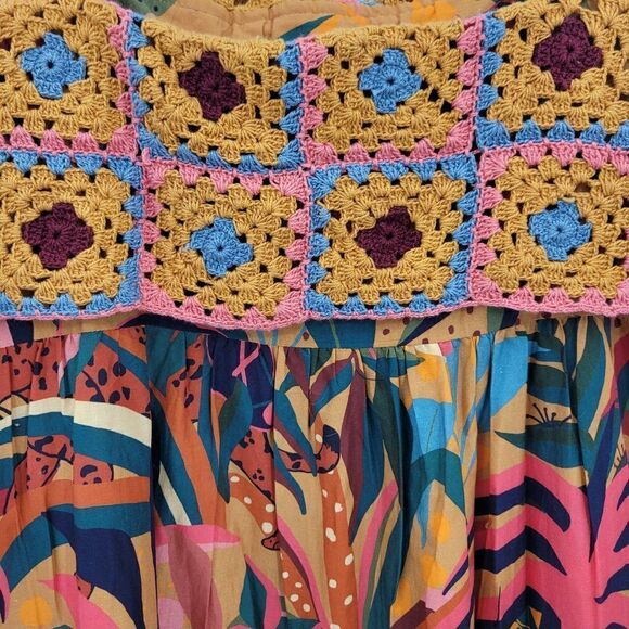 Farm Rio Anthropologie Dress Crochet Tiered Ruffle Midi Colorful Tiger Tropic L - Picture 5 of 16
